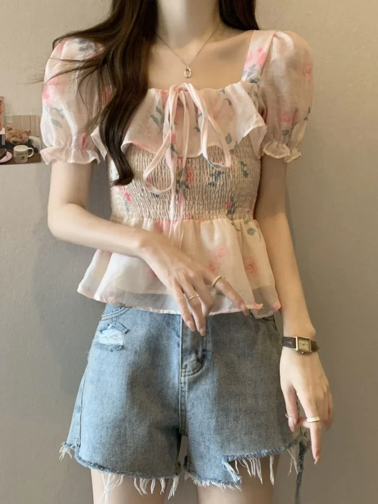 Fashion Sweet Blouses Squard Collar Puff Sleeve Ruffles Pleated Lace Up Shirts Summer Crop Tops Female Slim 2024 Women Clothing