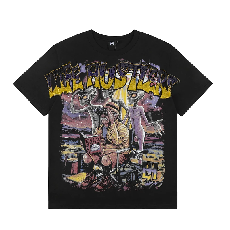 High Street Life Hustlers New Retro Hotfix Rhinestone Spray Horse Slip Printed Short Sleeve Round Neck T-Shirt For Men and Women