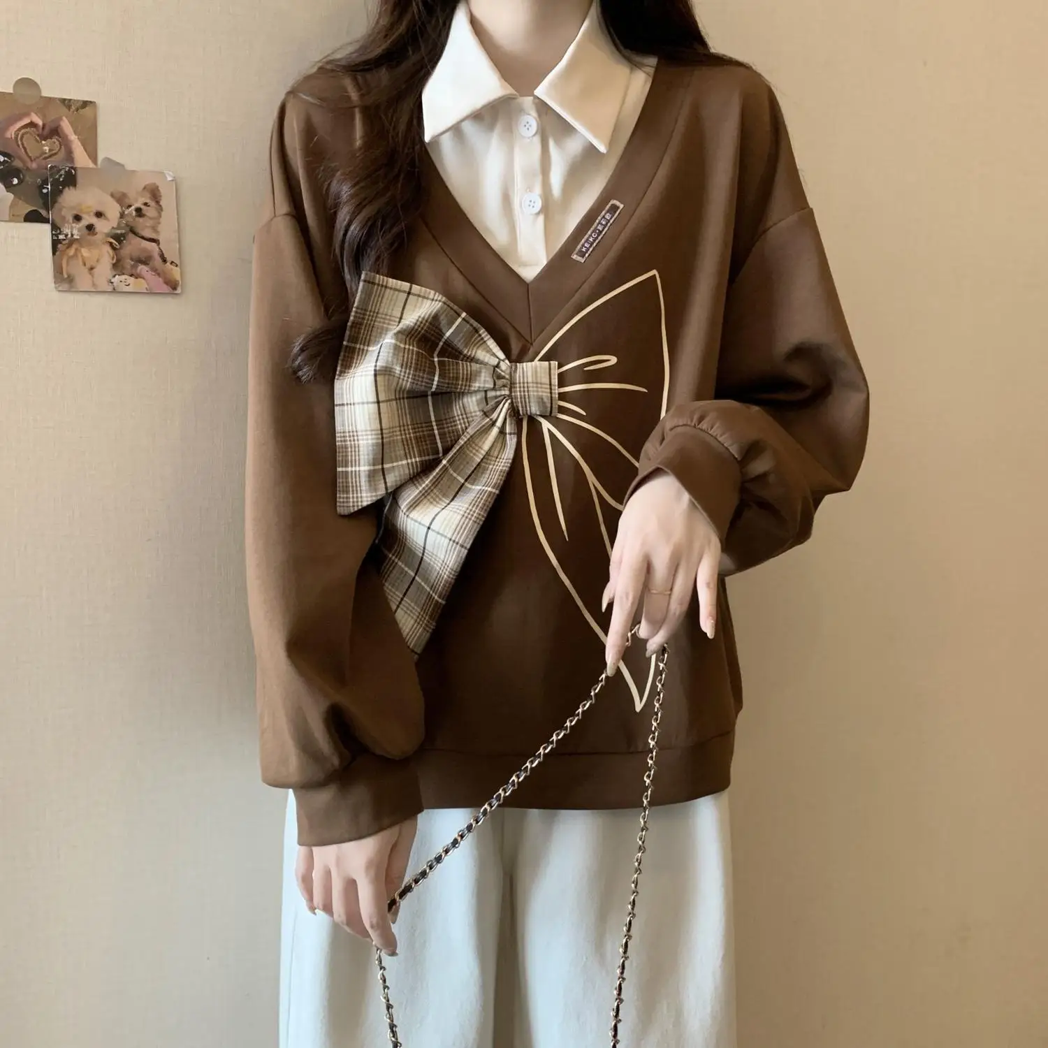 Women Sweatshirt Mock Layered Polo Collar Long Sleeve Loose Pullover Casual Preppy Spring Autumn Tops