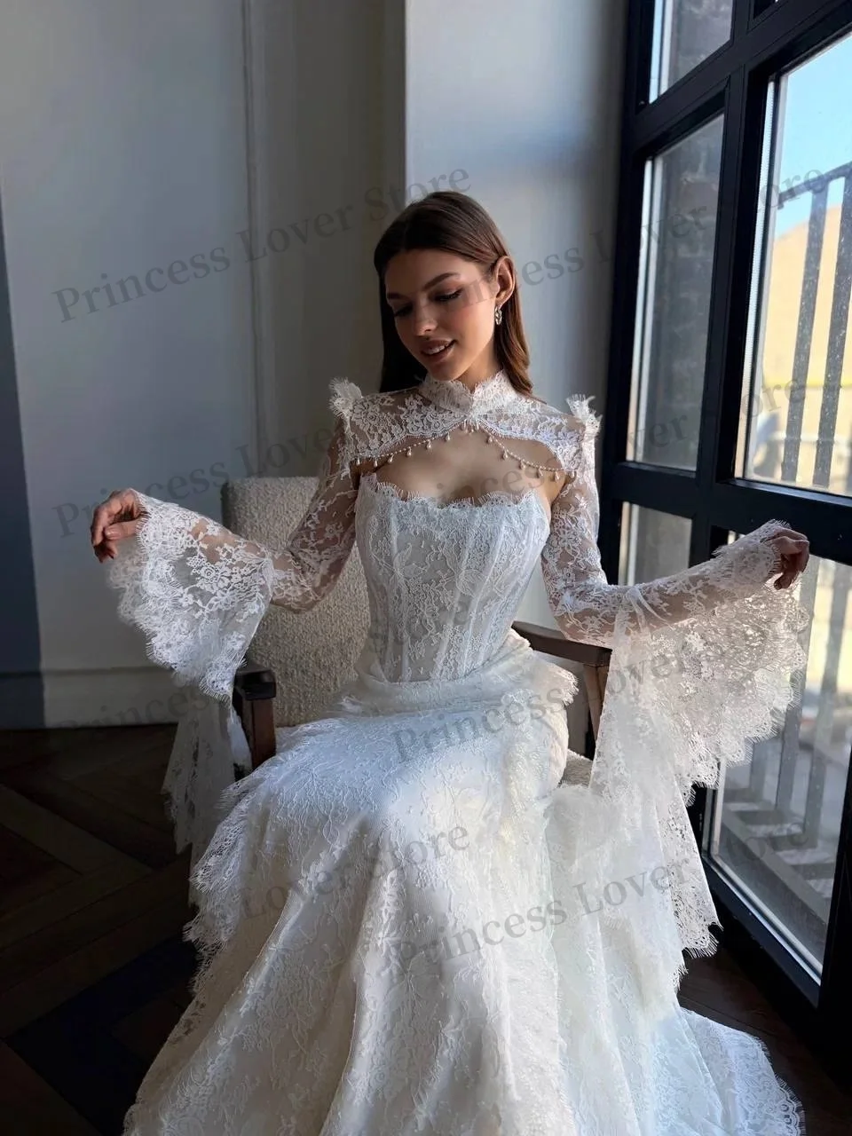 White Mermaid Wedding Dresses Long Sleeves Lace Jacket Bridal Gown Illusion Bodice Ruffles Luxury robe de mariée Customized