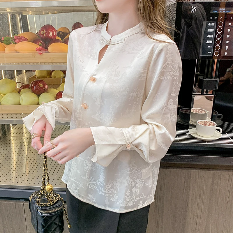 QOERLIN Chinese New Style Acetate Satin Shirts Women Spring Fall Quality Disc Button Jacquard Top Blouse Flare Long Sleeve Shirt