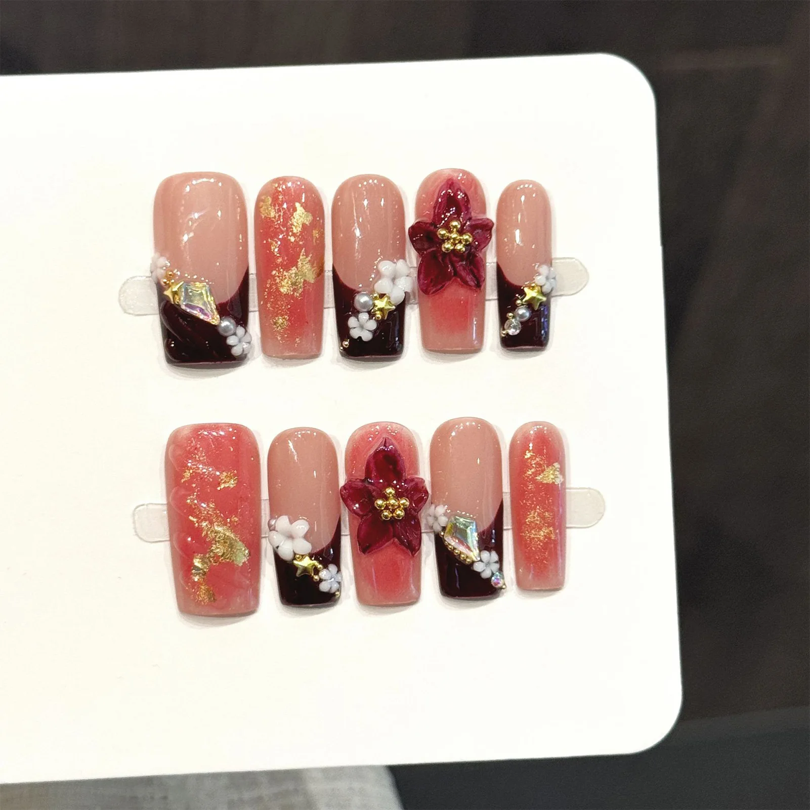 

10pcs Wine-red French Style Handmade Fake Nails 3D Carving Sakura Flower Charming Press On Nails Spicy Girl Summer False Nail