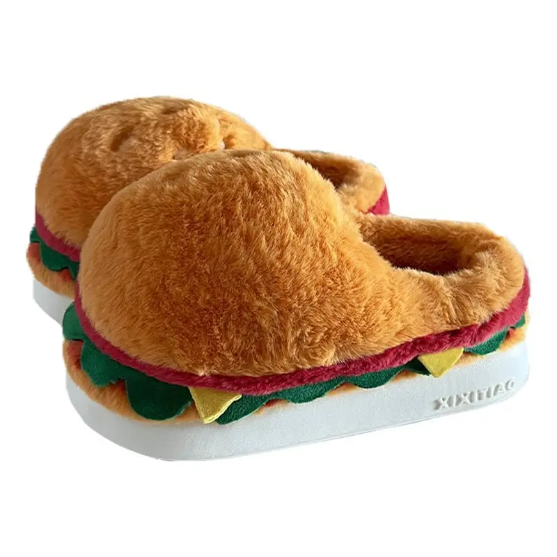 New fun hamburger slippers women man winter fluffy room warm shoes fur slides fuzzy indoor half shoes Easter bread slipper 44 45