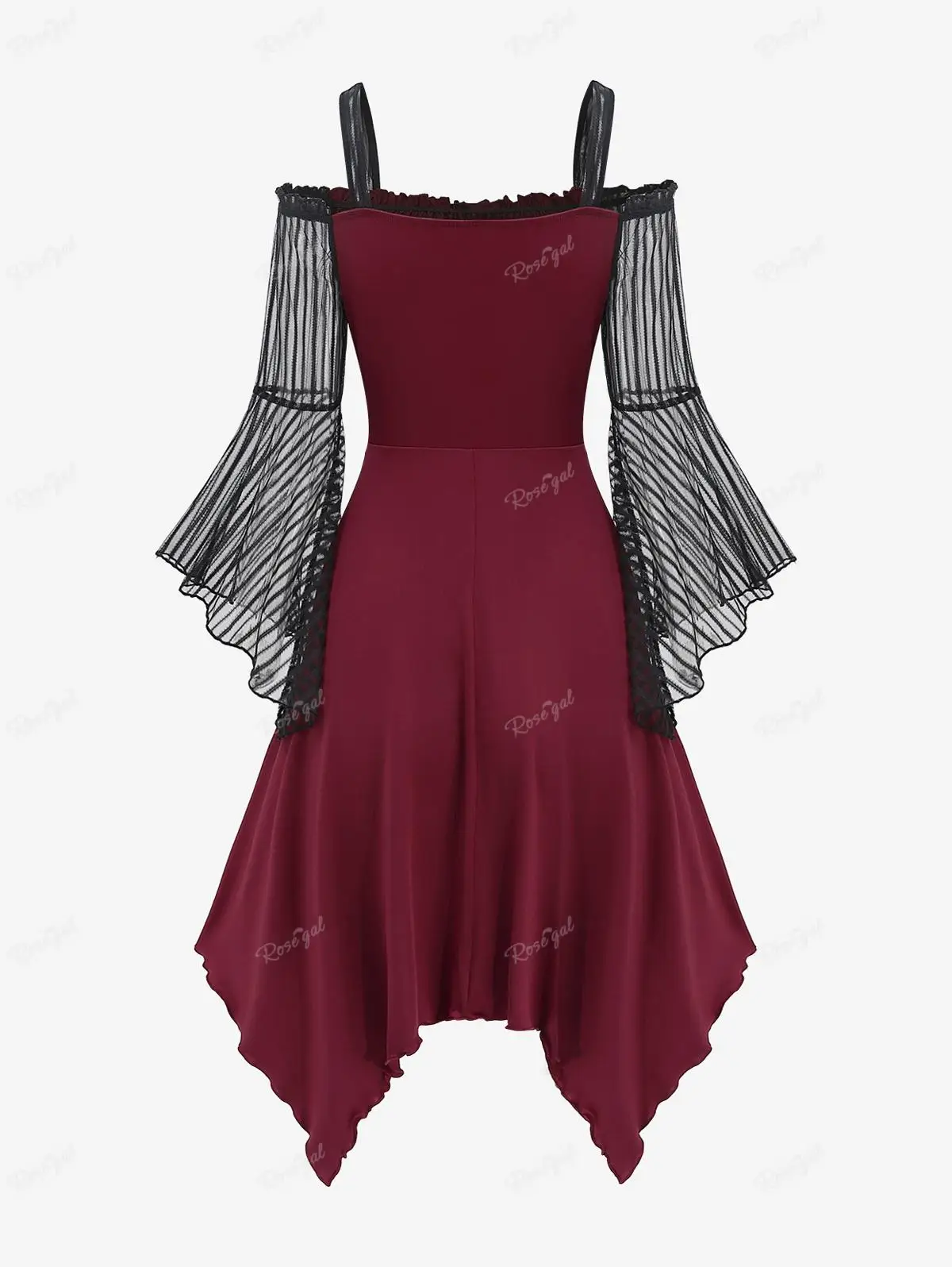 ROSEGAL Plus Size Gothic Cold Shoulder Flare Sleeve Dress Striped Mesh Overlay PU Strap Buckle Grommet Ruched Handkerchief Dress