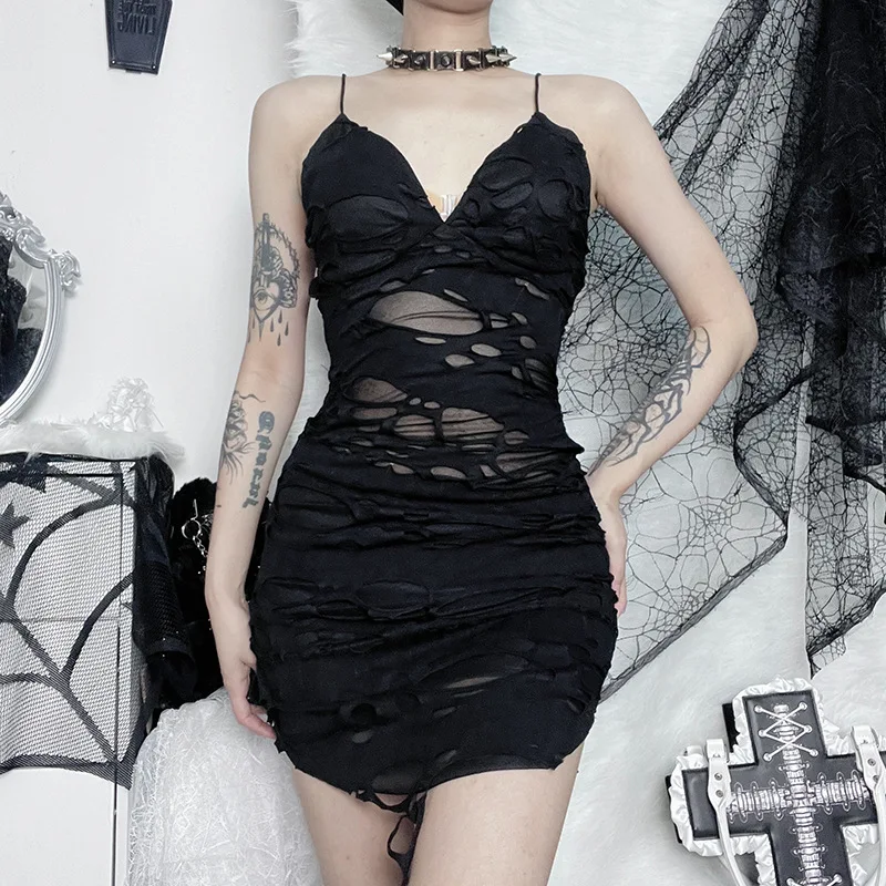 

Sexy Micro Transparent Hip Strap Dress For Women In Europe And America Dark Tattered Slim Split Skirt