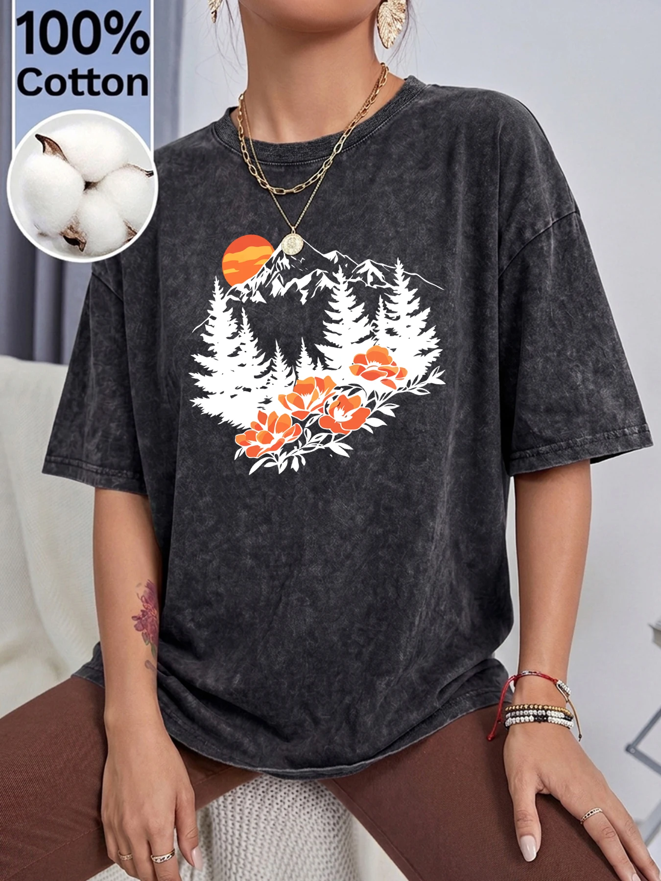 Mountain Sunset Forest Tree Orange Flower Print Women'S Washed T Shirts Summer Cotton T-Shirt Loose Streetwear Soft Y2K Clothes