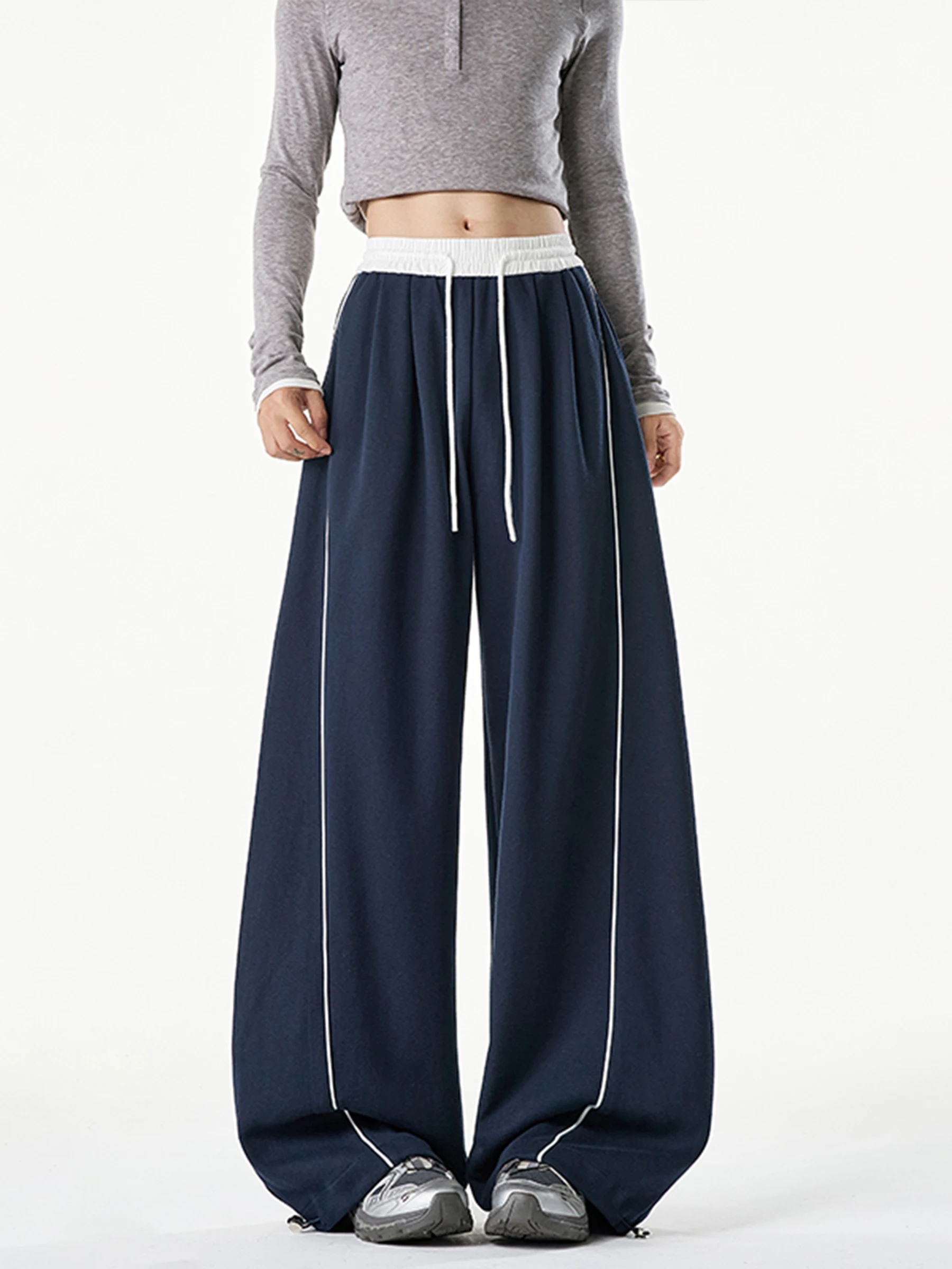 Grey Heavyweight Drawstring Sports Sweatpants Men Women Autumn Color Block Double Waist Knife Leg Casual Pants Wide Leg