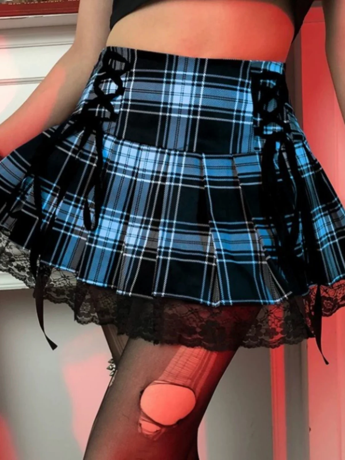 Retro Plissee Spitze A-Linie Rock Damen Street Sle Midi Rock Loose Fit Ort Länge Plaid Muster Casual Faion