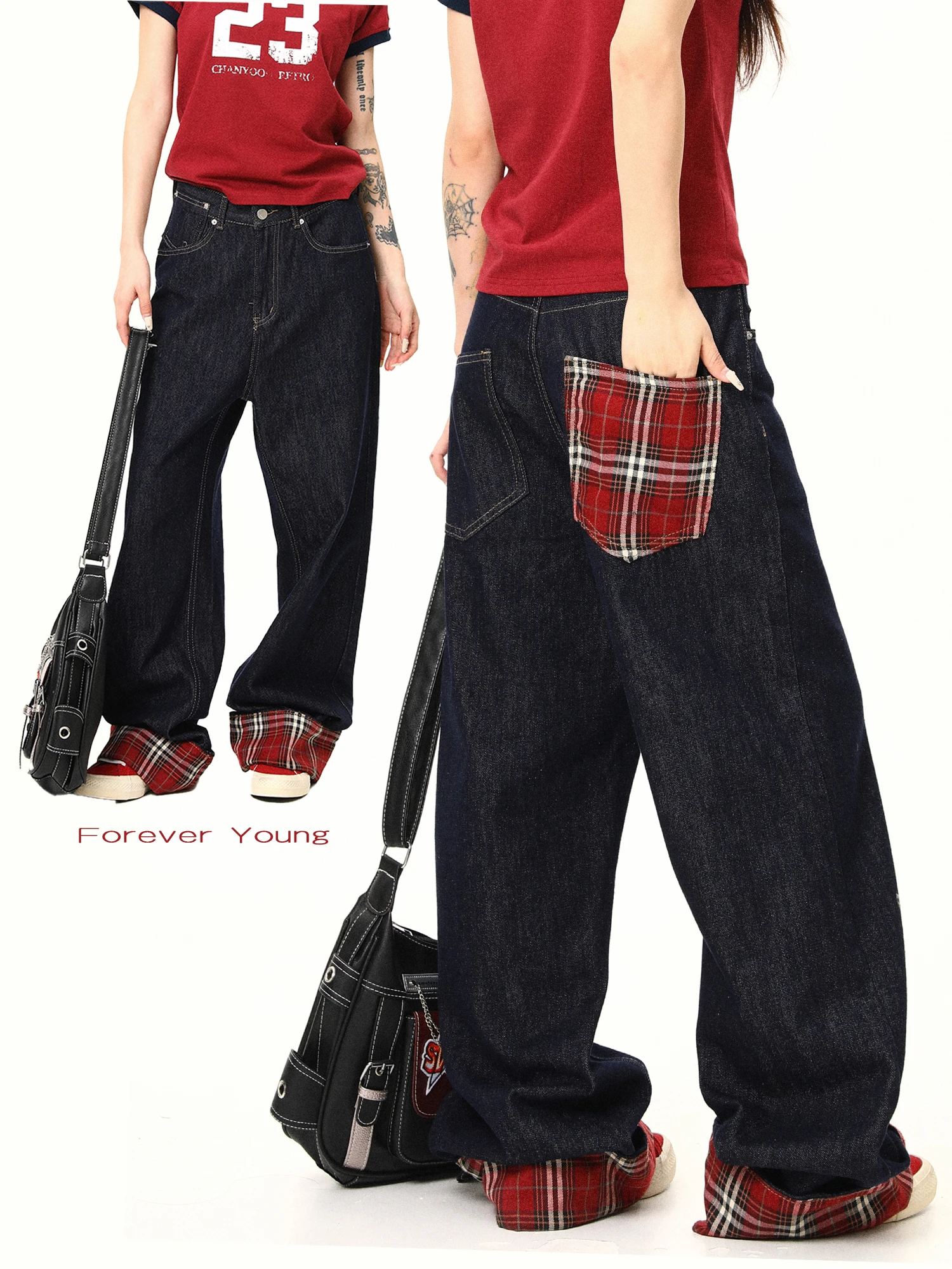 

Джинсовые брюки в клетку Wild American Sle с манжетами, свободные широкие брюки, прямые свободные брюки с высокой талией для мужчин и женщин, модные длинные брюки