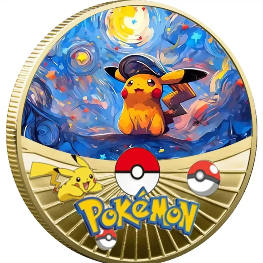 Pokemon Starry Sky Oil Painting Coin Commemorative Medal Pokemon Gold Coin Metal Set Pikachu Charizard Commemorative Anime Baby