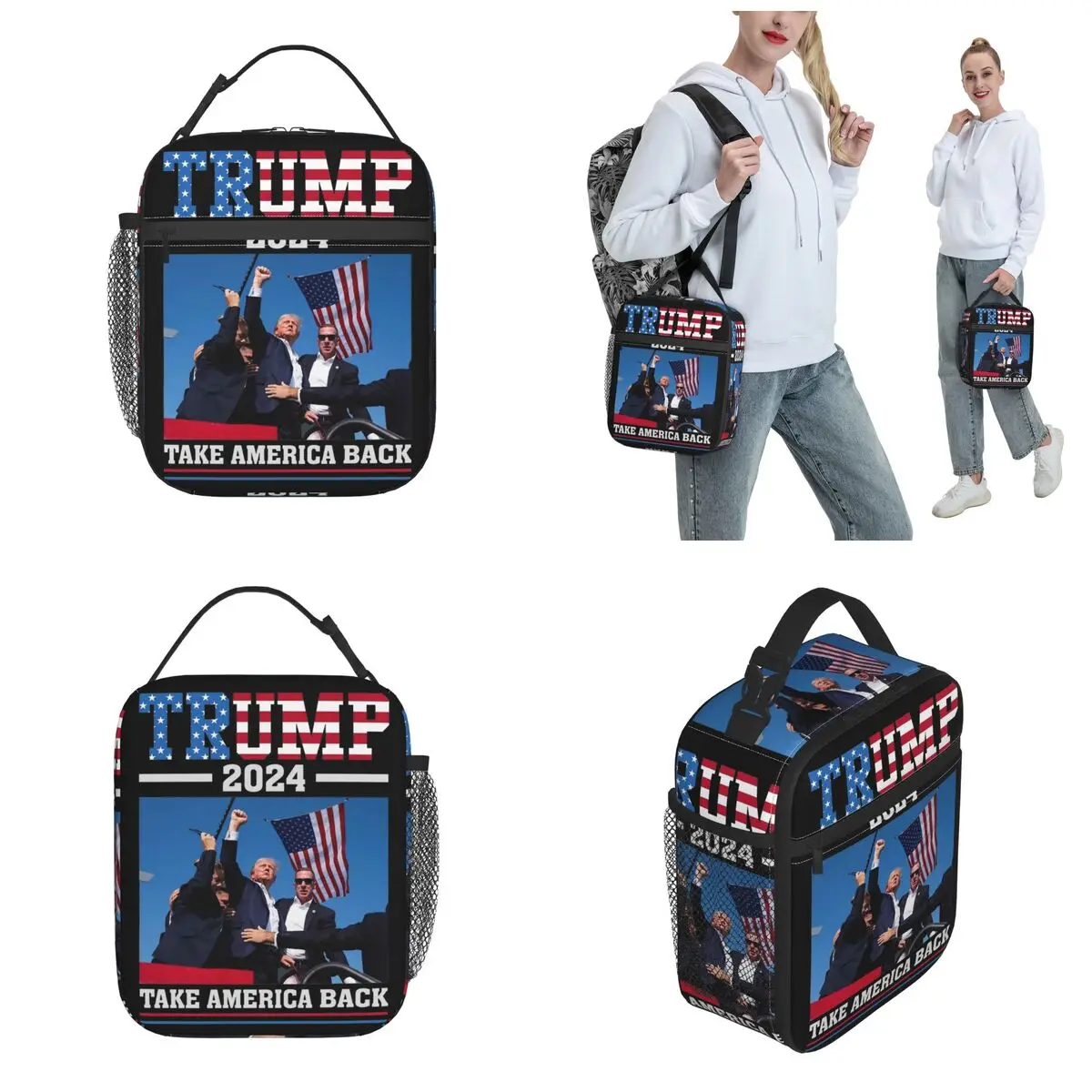 Insulated Lunch Bag Fight Trump 2024 Merch Trump Shot Shooting Take American Back Storage Food Box Cooler Lunch Box For School