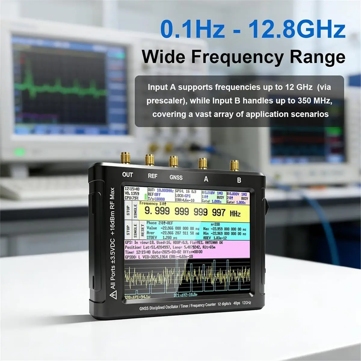 ZC412 12GHz Frequency Counter, 4-Inch Tiny Frequency Analyzer with Built-in GPSDO, 40ps Resolution Dual Timer Counter