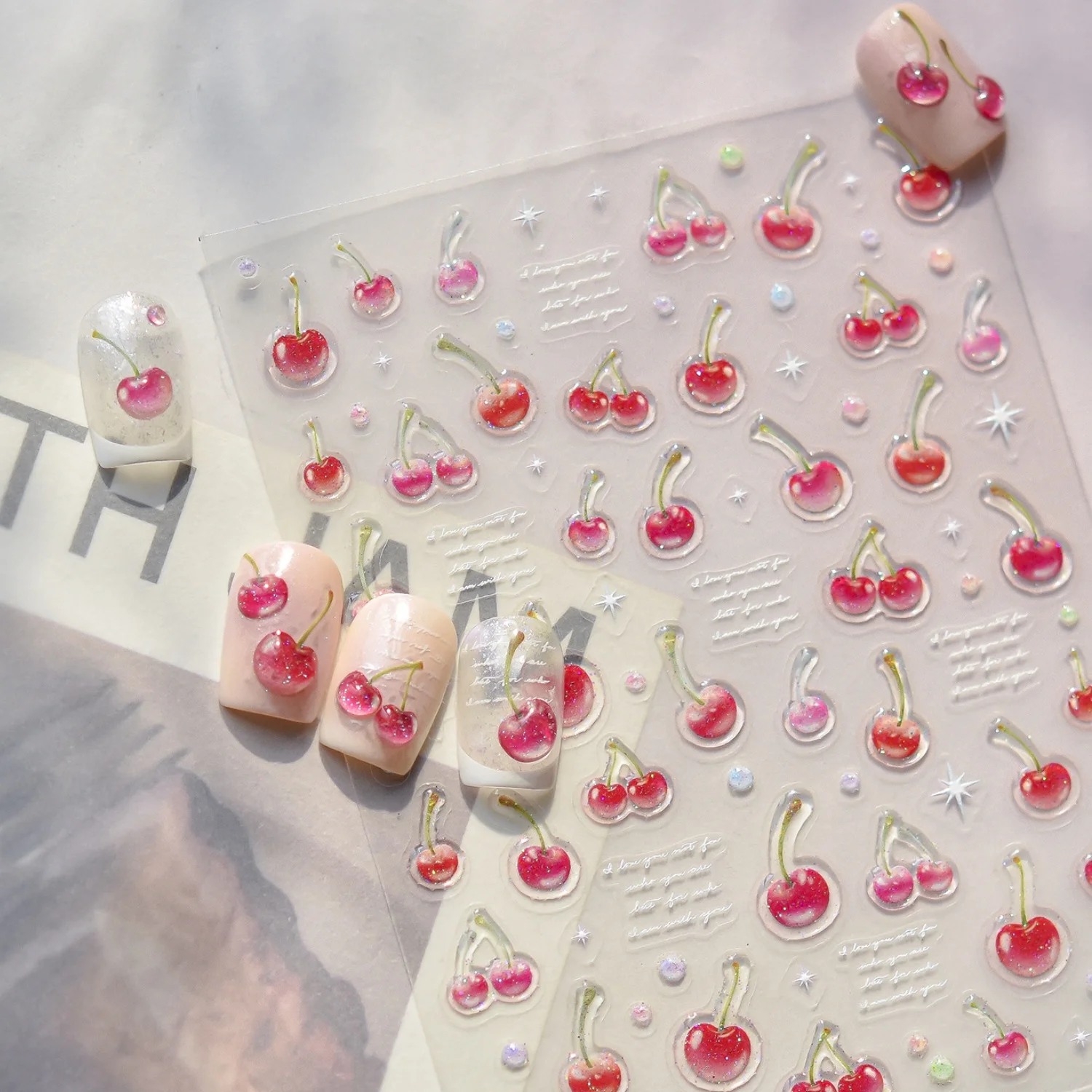 5D Sommerfrucht-Nagelaufkleber Farbverlauf Kirsche Stern Gelee Rosa Frisch Selbstklebende Nagelkunst-Sticker Süße Urlaubs-Maniküre DIY