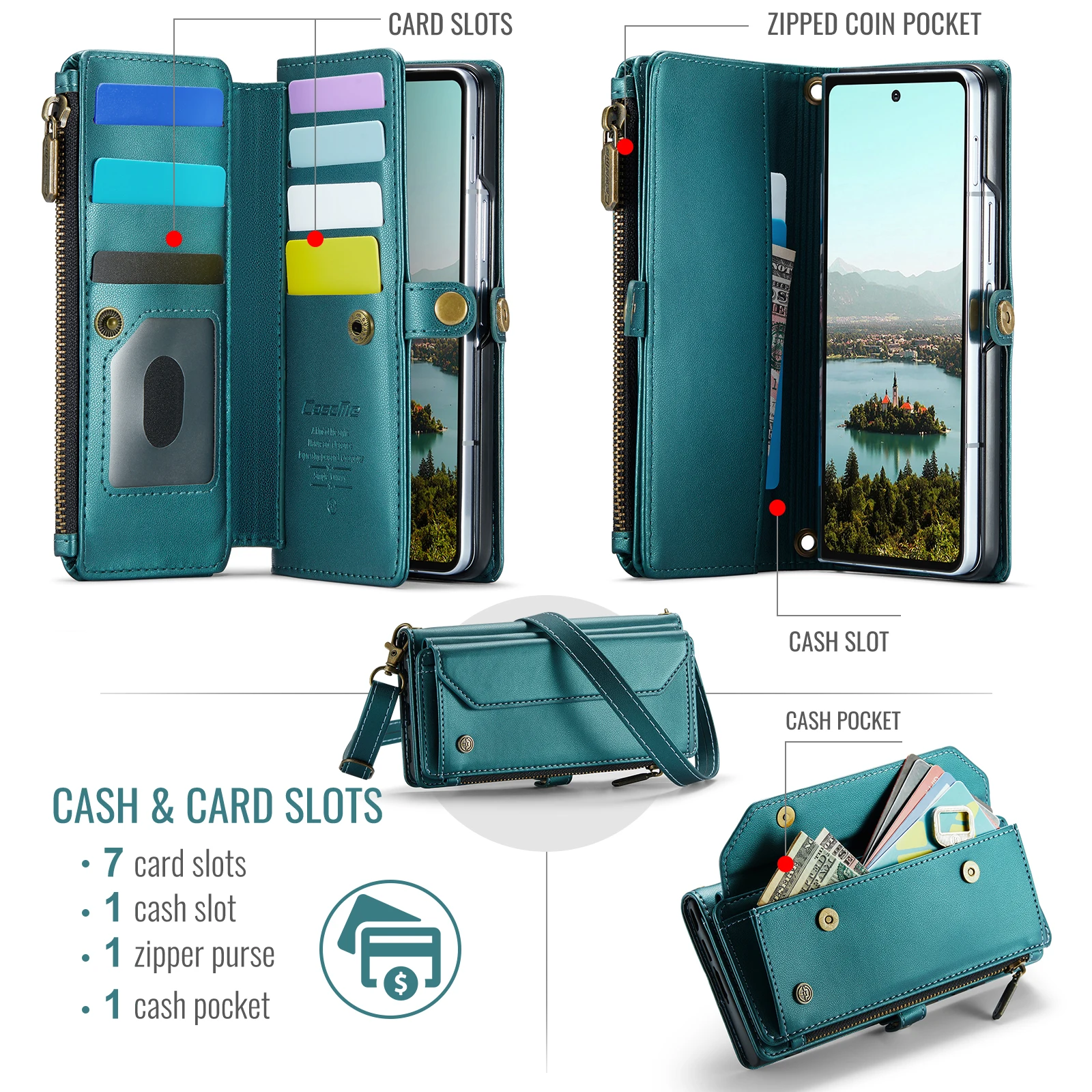 CaseMe-C36 For Samsung Galaxy Z Fold8 Ultra Wallet Case Luxury PU Leather Crossbody Lanyard Card Zipper Pocket Wireless Charge
