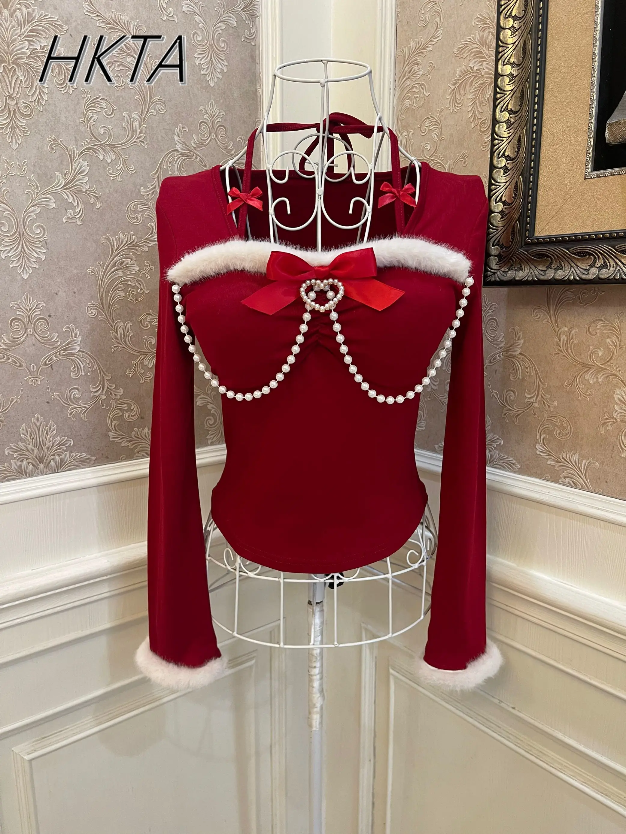 Christmas New Year Red Girls Heart Plush Imitation Rabbit Hair Long Sleeve T Shirt Bow Pearl Chain Slim Short T-shirt Top Y2k