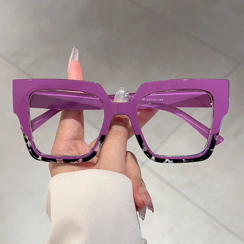 KAMMPT Oversized Square Glasses Women Fashion Vintage Patchwork Blue Light Blocking Eyeglasses Stylish Non-prescription Eyewear