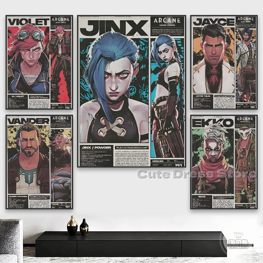 Arcane Canvas Print  Unframed Wall Art Vintage Newspaper Style Jinx Vi Character Poster For E-sports Room Gaming Decor