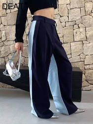 DEAT Fashion Women's Pants Mid Waist Contract Color Folds Pockets Streetwear Straight Leg Trousers Spring 2024 New Tide 7AB792