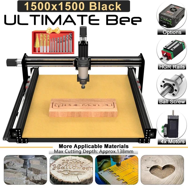 21%OFF BulkMan3D 1500x1500mm ULTIMATE Bee CNC Router Complete Kit Black 1210 Ball Screw Transmission 4Axis Woodworking Machine