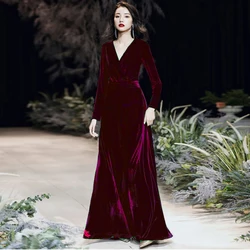 2023 New Winter Long Dress Cocktail Party Evening Elegant V Neck Velvet Formal Gown Maxi Dress Clothing Vestidos