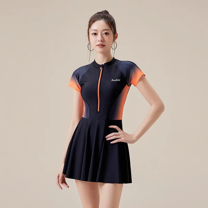 

One Pieces Swimsuit with Bottom Short Sleeve Tummy Control Bathing Suit Zip Rash Guard with Boyshorts Set Built-in Bra Swimwear