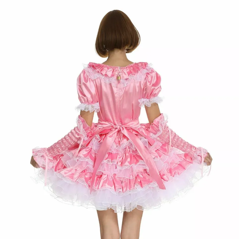 Sexy sissy French maid pink satin lockable multi-layer lace ruffled dress maid cosplay costume customizable