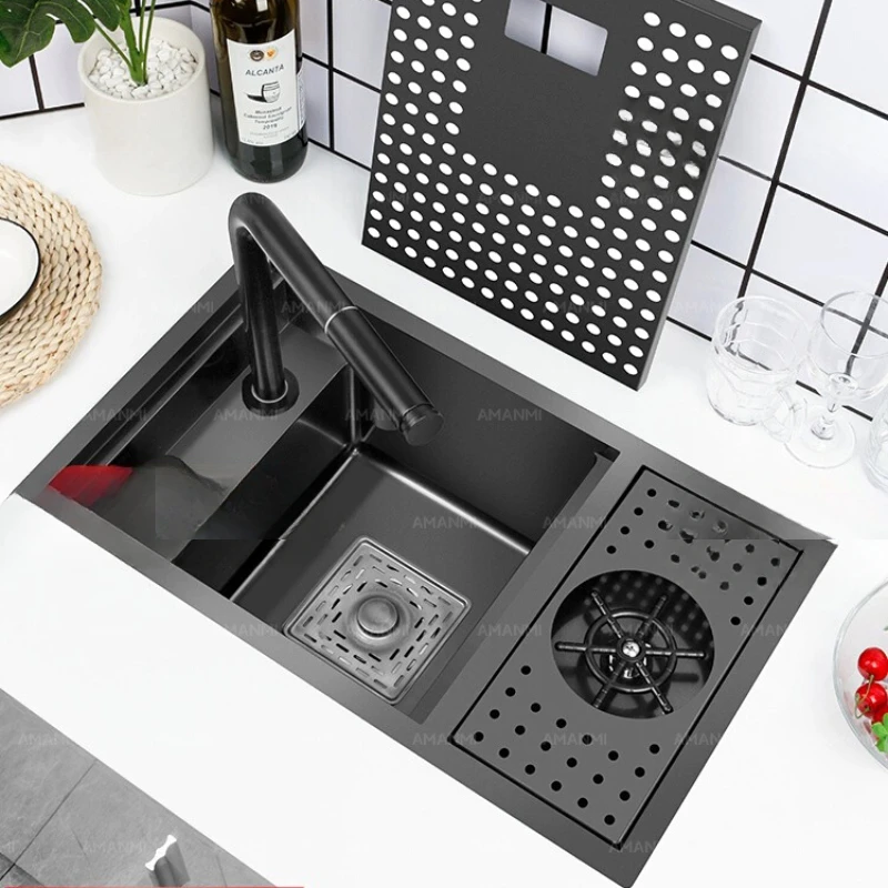 

Hidden cup washer sink nano stainless steel kitchen invisible small single tank with cover plate dish basin island bar