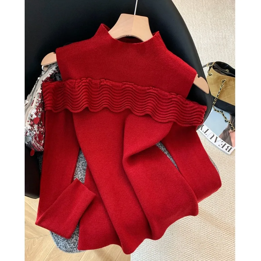 

Sli Inner Wear Women's Knitted Sweater oulder Bared f High Collar Red Wooden Winter Faion Korean Sle Long S...
