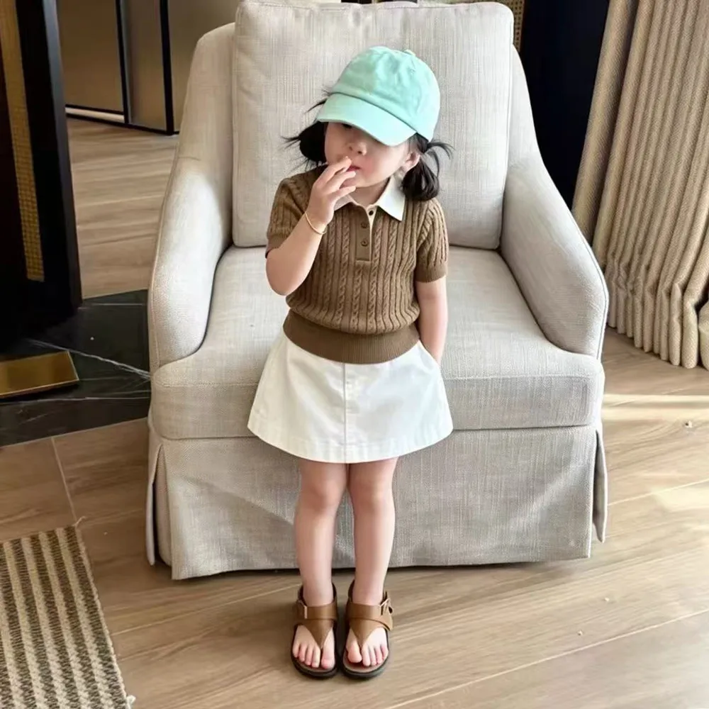 Girls Summer Outfit 2026 New Vintage Twisted Color Polo Neck Short Sleeve Knitted Top plus White Half Skirt 2-Piece Set