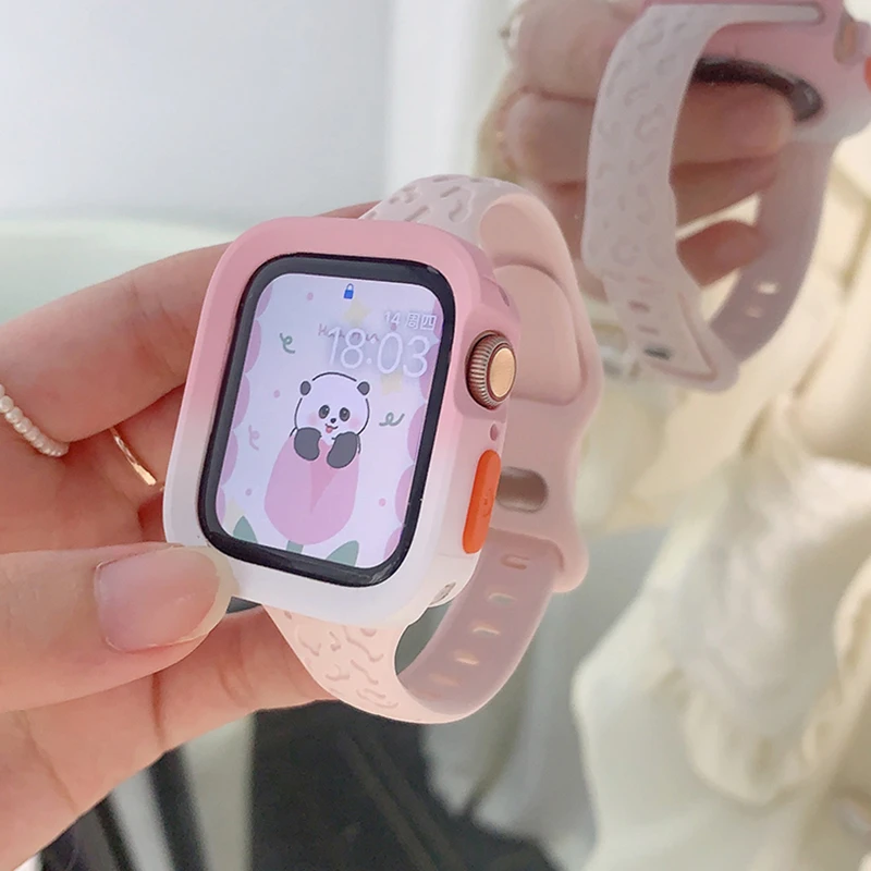 Candy Case+Strap For Apple Watch 9 8 7 45 41mm Band SE 6 5 4 44 40mm Engraving Leopard Silicone Watchband For iWatch Ultra2 49mm