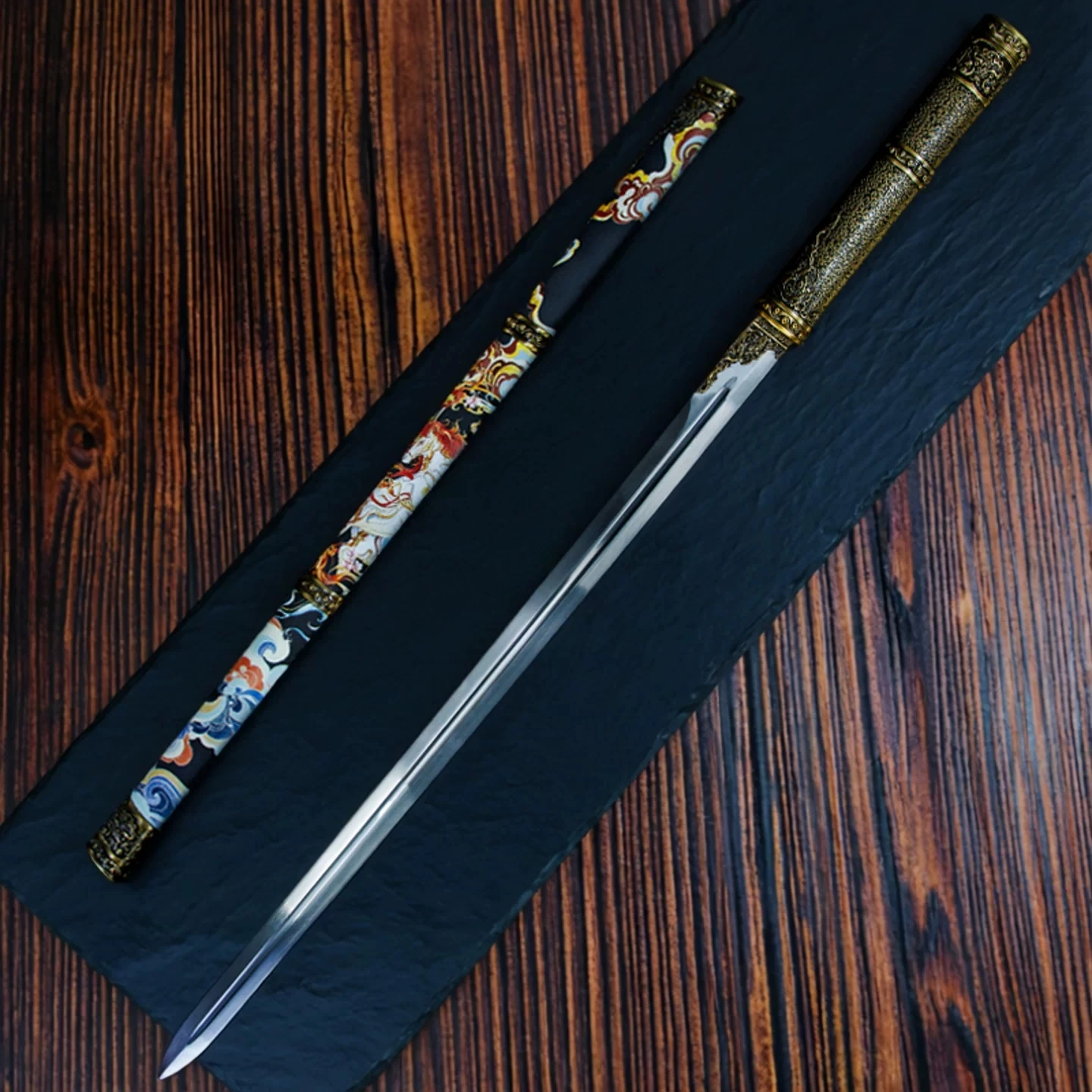 Pegasus Firmament Straight Sword Manganese Steel Blade Gold Crack Alloy Fittings Color Pegasus Print Scabbard Free Sword Stand