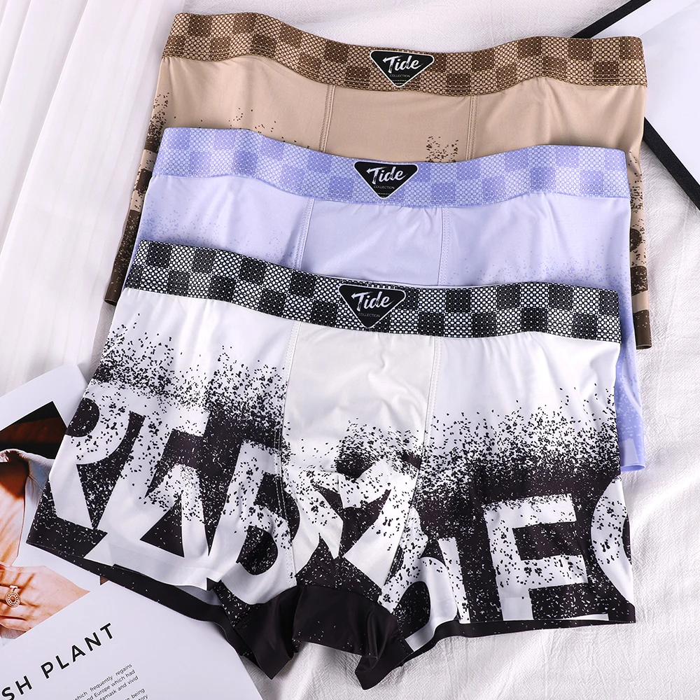 

1/3PCS Luxury Gradient Letter Print Men's Panties Cool Ice Silk Satin-like Boxers Man Breathable High Elastic Underwear Arrival