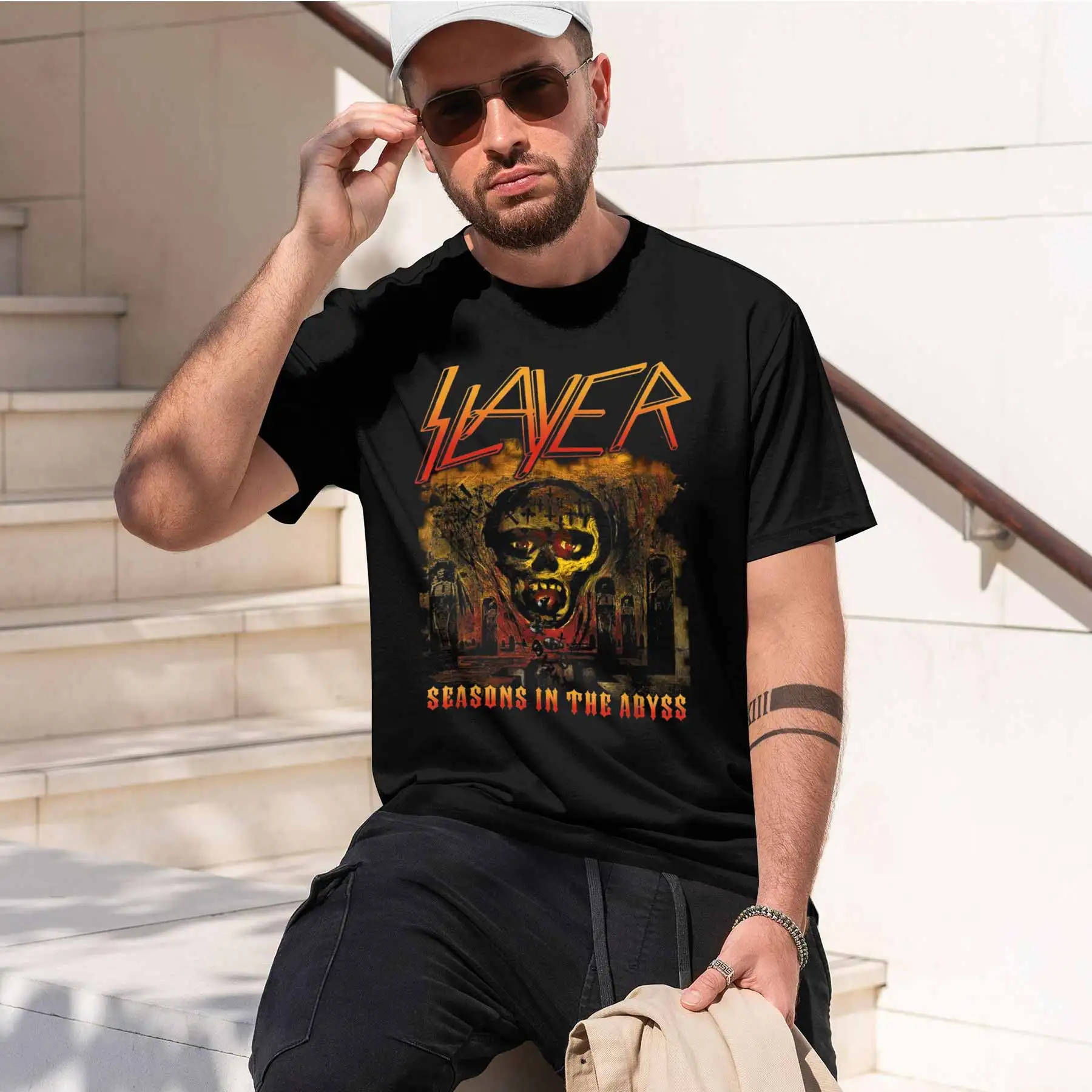 new printed T-shirt printed with  Men'sBand Seasons In The Abyss Printed T-shirt Retro Rock Style Heavy Loose Short Sleeve