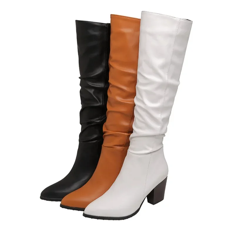 Plus Size 32-45New Brand Women Boots Thick High Heels Autumn Winter Boots Cowboy Western Knee High Boots Women Shoes