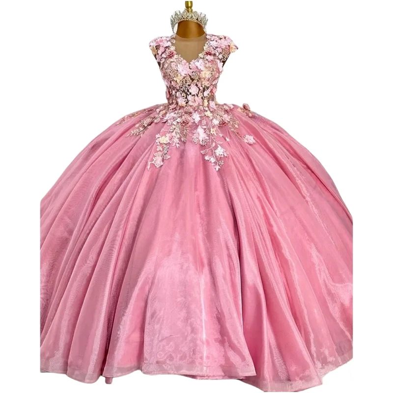 Vestido De quinceañera De princesa rosa personalizado, Floral 3D, Sexy, con espalda hueca, dulce 16, Vestidos De graduación, fiesta De cumpleaños, Vestidos De 15 Años