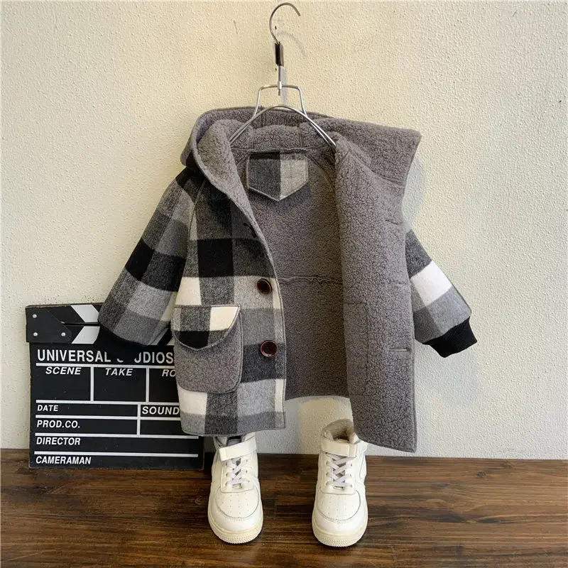 

fall Winter Fleece Jackets For Boy Trench Children's Clothing 2-10Y Hooded Warm plaid Outerwear Windbreaker Baby Kids Coats