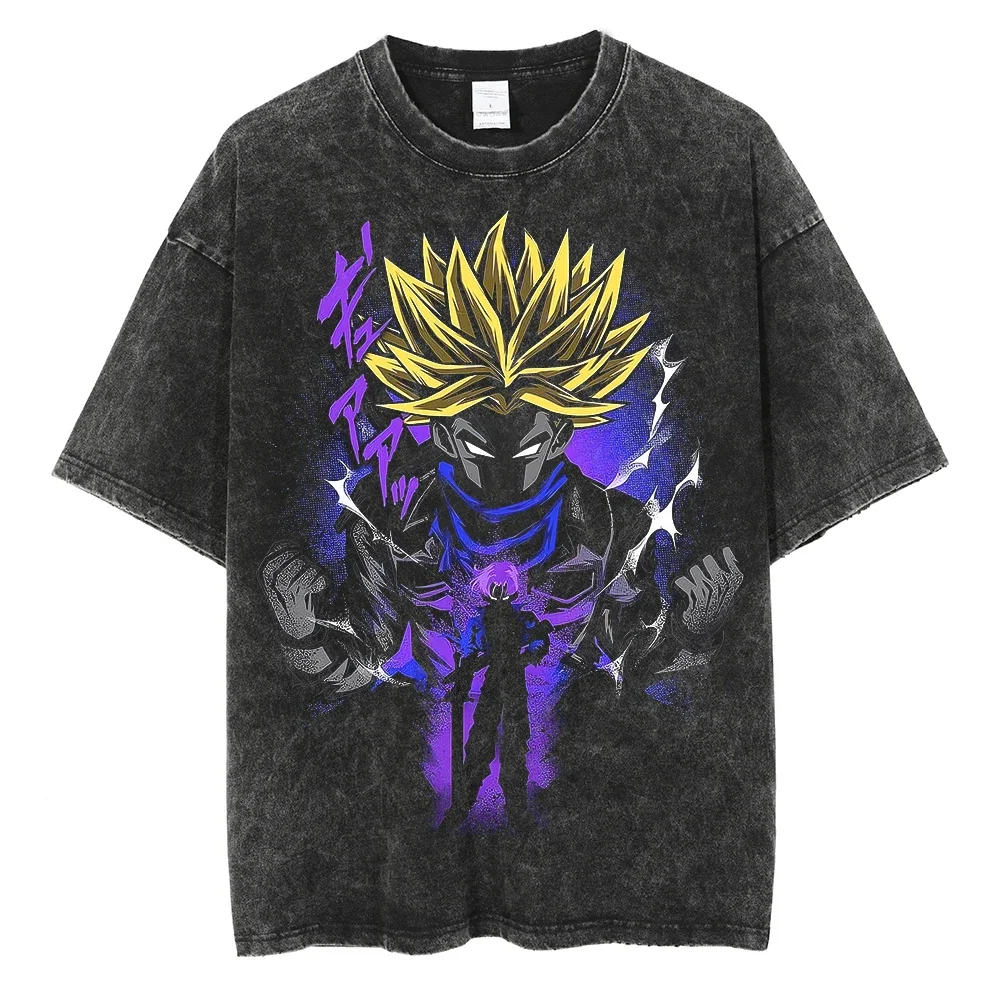 Men Washed Vintage T-Shirt Hip Hop Streetwear Dragon Ball Anime Print T Shirt Harajuku Cotton Tshirt Men Summer Short Sleeve Tee