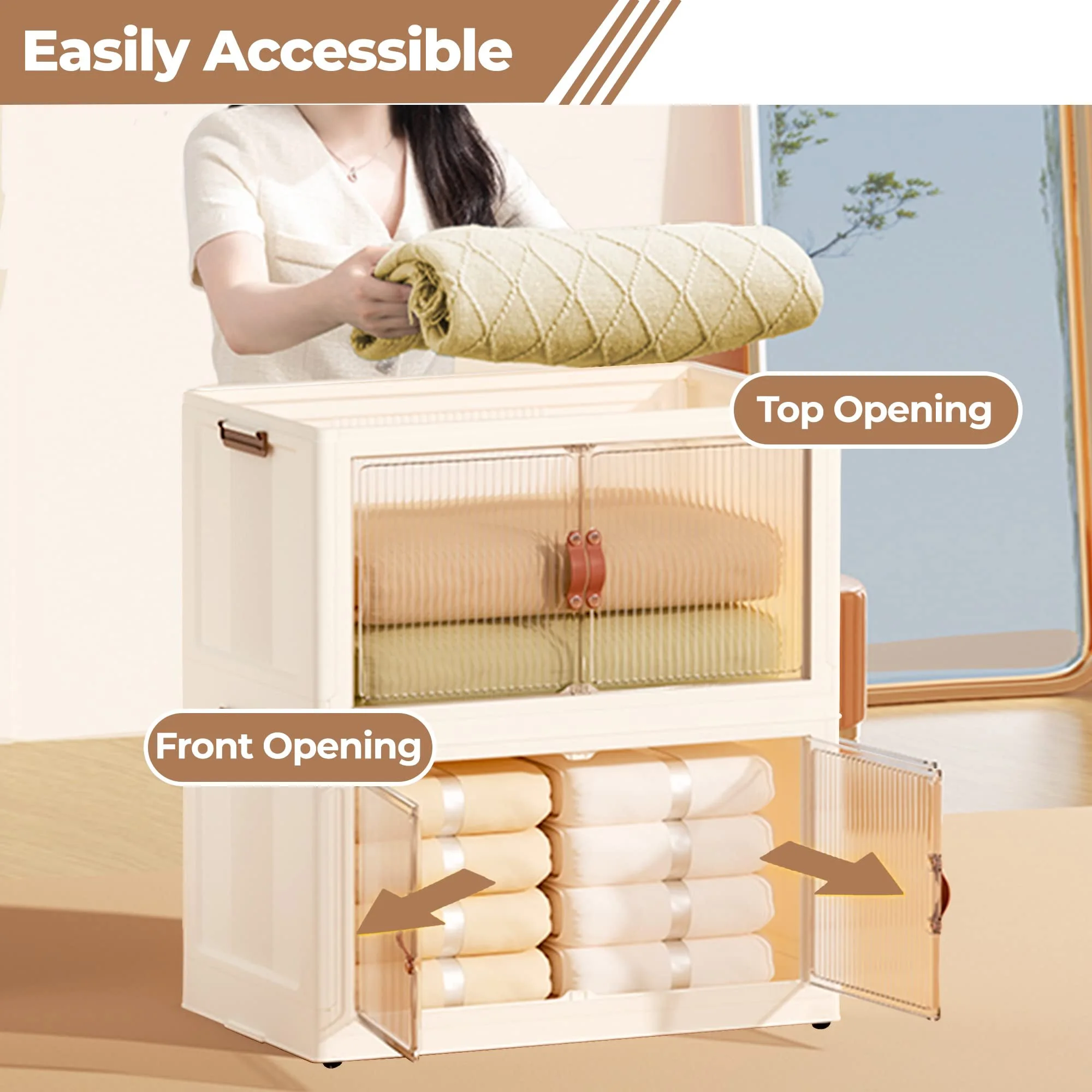 Stackable Plastic Storage Boxes with Wheels, Folding Storage Box with Safety Latch Doors, Collapsible Bins for Organizing