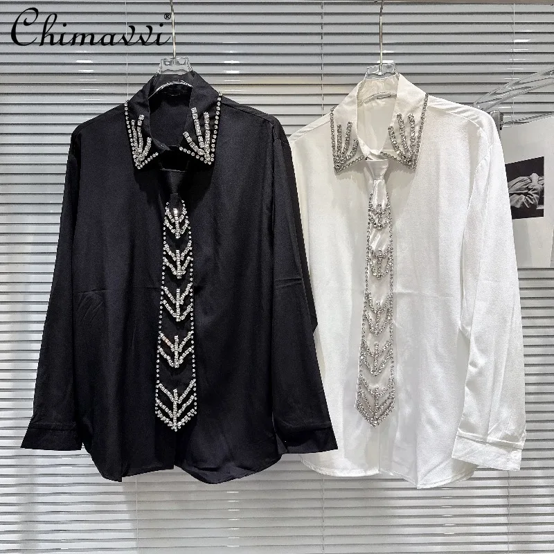 

Осенняя одежда 2024, новая тяжелая рубашка с завязками и стразами, модная свободная элегантная женская блузка с длинными рукавами, топы