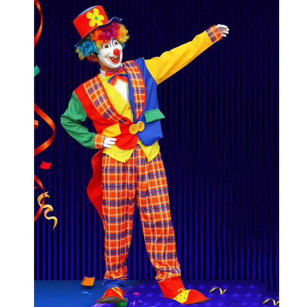 Halloween Masquerade Clown Costume Tops Coat Pant hat Mens Fancy Dress