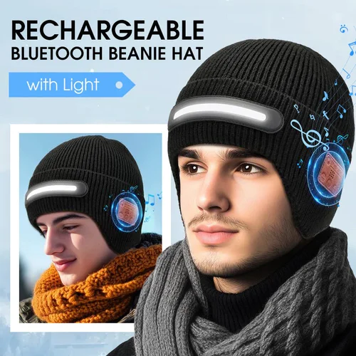 Imagen 2 del producto Gorro de música inalámbrico con auriculares Bluetooth, gorro con faro LED, gorro tejido con luz nocturna, gorros cálidos de invierno Unisex