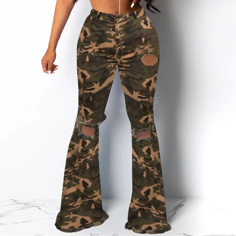 

Knee Hole Mid Waist Stretch Skinny Cotton Camouflage Denim Pants Flare Jeans Women Pantalones De Mujer Bell Bottom Long Trousers