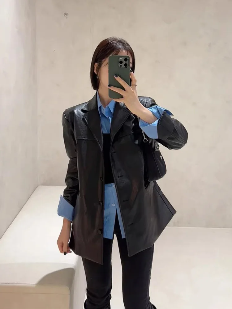 Retro Chic Loose Women's PU Leather Jaet Versatile Motorcycle Sle Suit Outerwear Autumn New Arrival Faionable