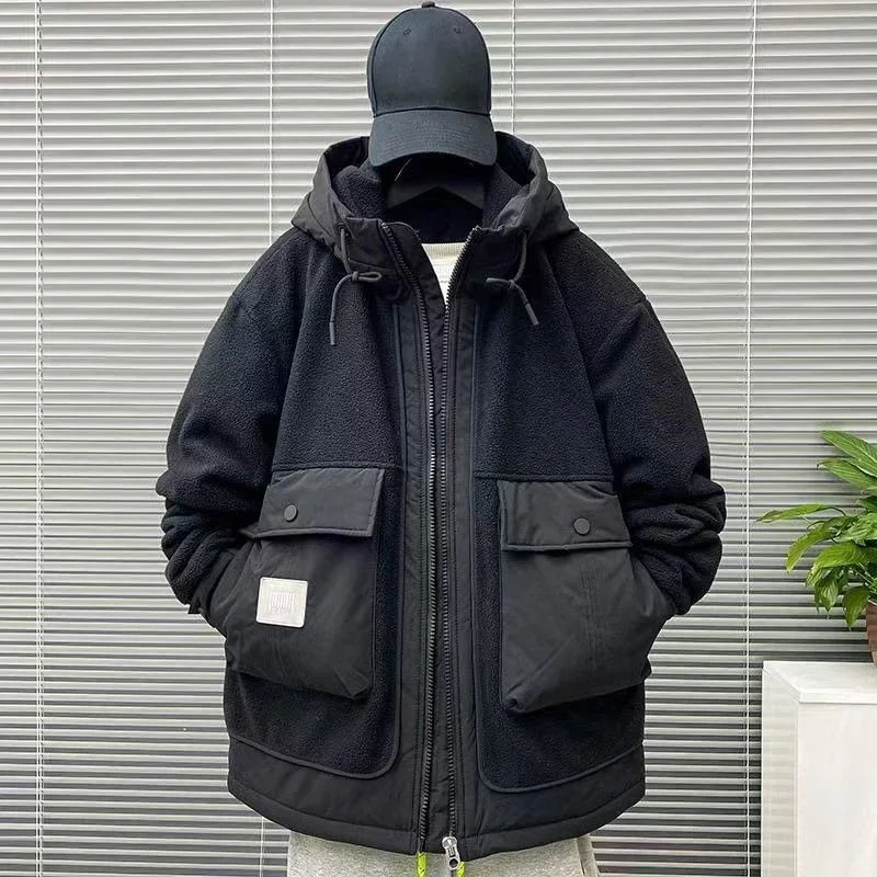 

New Winter Men's Jacket Japan Style Cargo Spliced Lamb Wool Thick Parkas Workwear Large Pocket Padded Coat Oversized Hooded Top