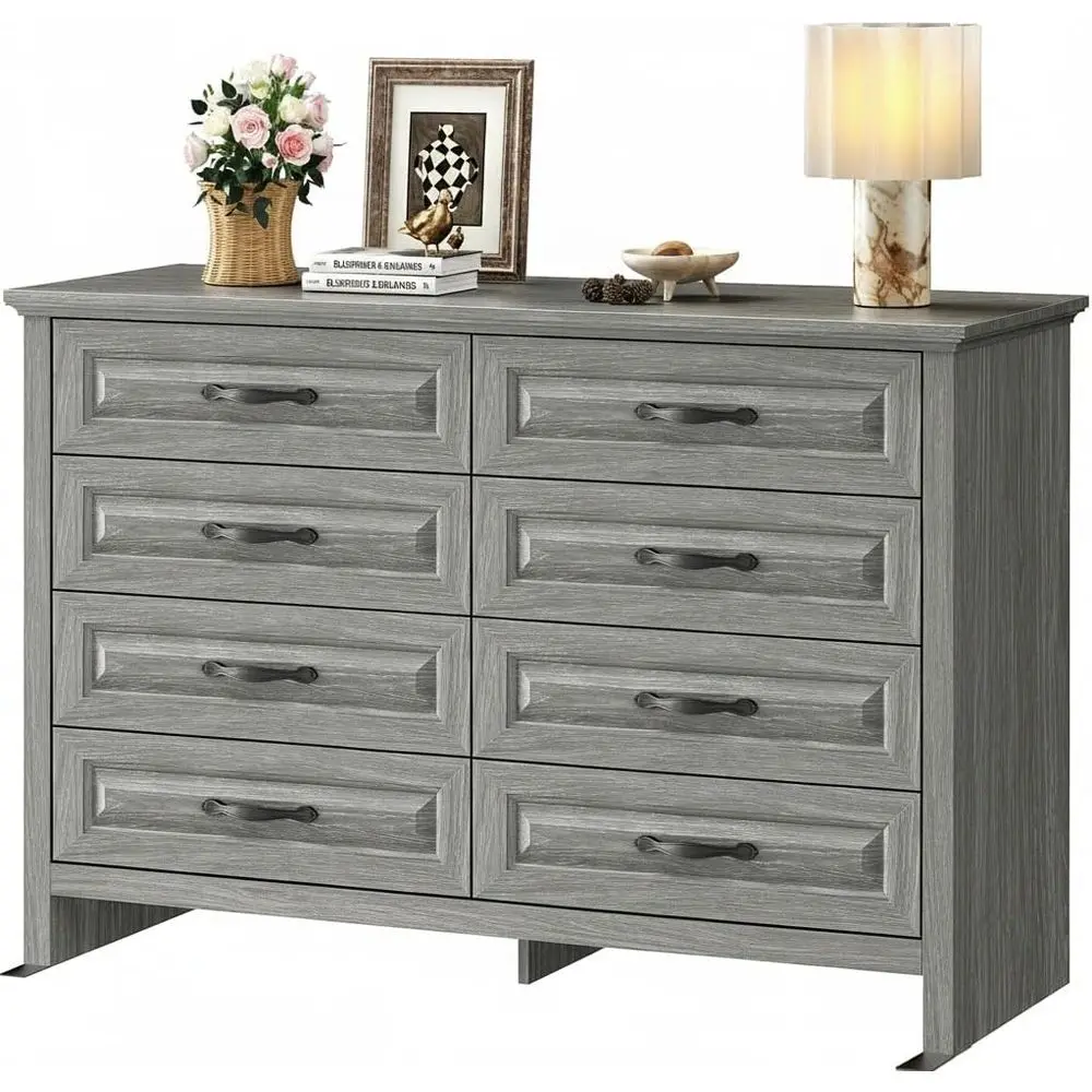 Natural Texture Wood Chest with Smooth Drawers, Storage Cabinet for Bedroom and Living Room, Grey
