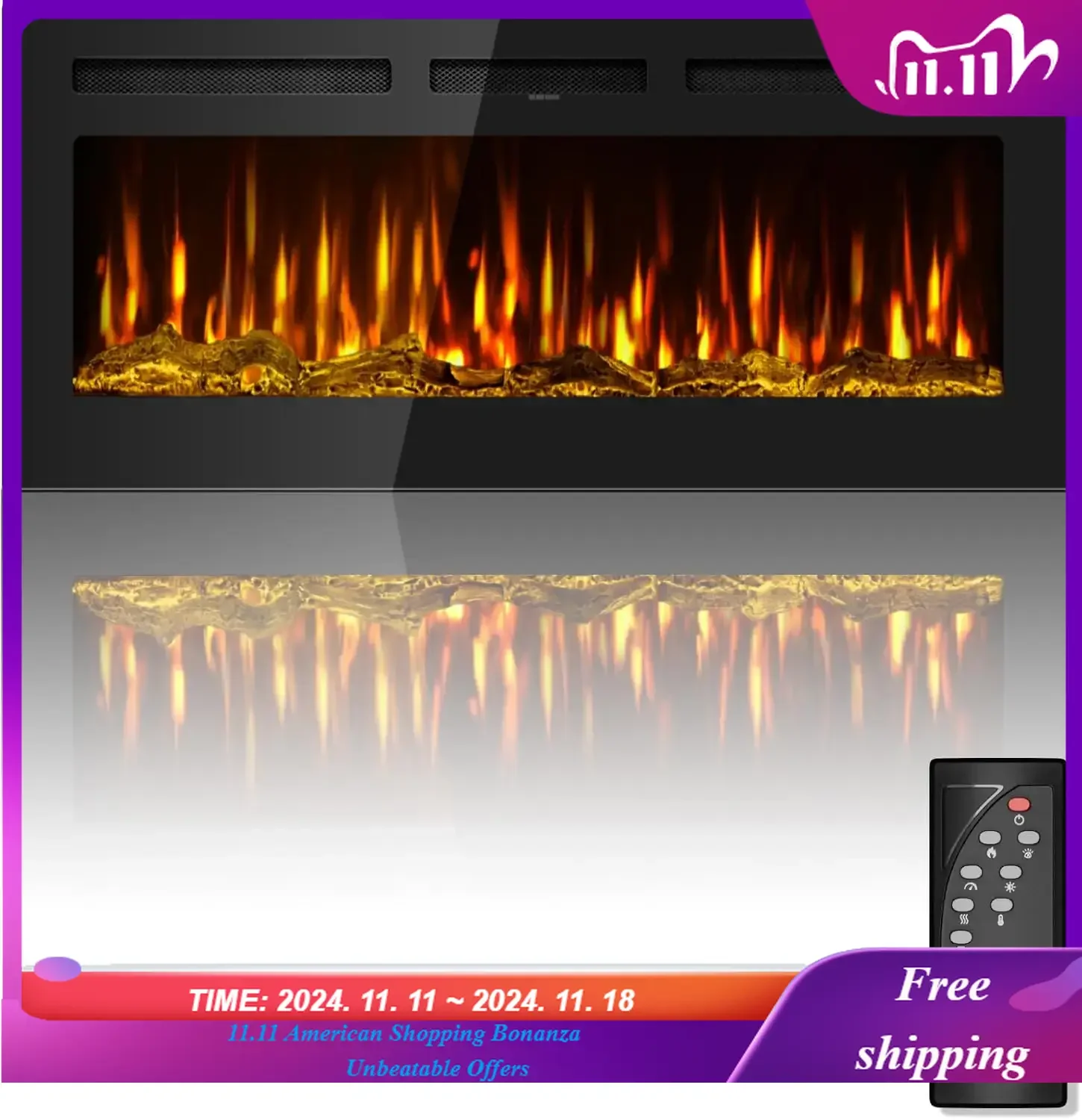 Electric Fireplace 50 Inch Recessed and Wall Mounted Black Log and Crystal, 12-Color Flame, Timer, Low Noise, 750/1500W,