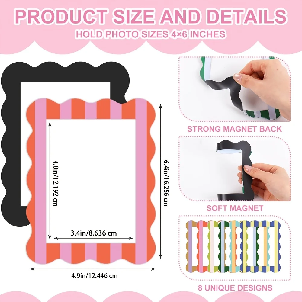 12Pcs Graduation Scalloped Magnetic Photo Frames,Colorful Stripe Plastic Photo Clips for Fridge Home Office Cabinet Decor