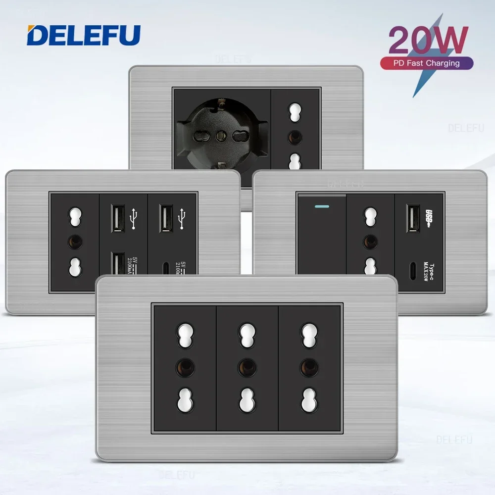 DELEFU Black Stainless steel EU Standard Outlet Dual USb Type C Wall Socket Light Switch Korea 118mm*72mm Fast Charge