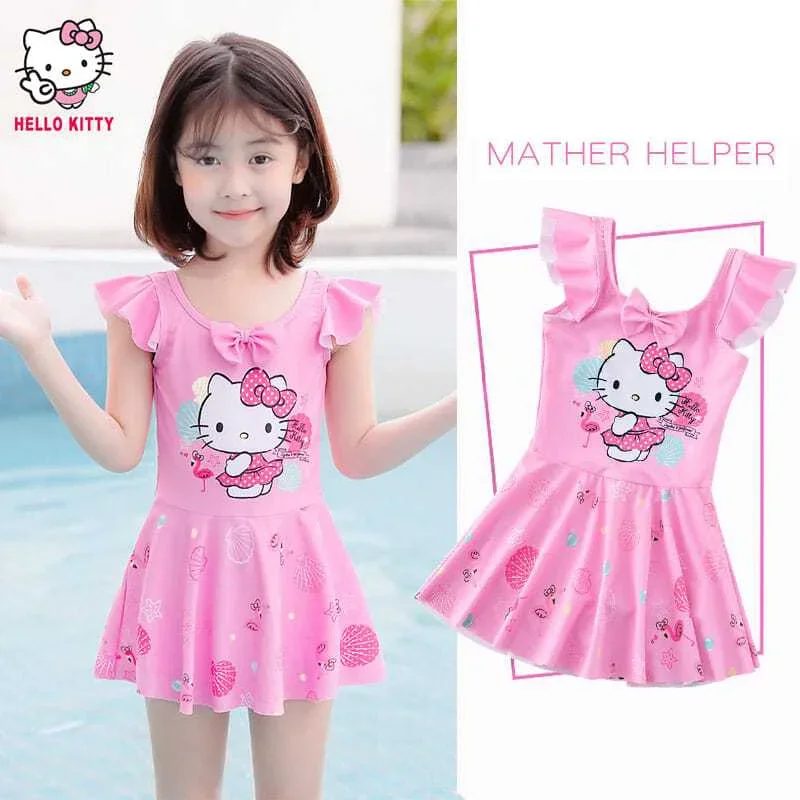 Sanrio Kawaii Hello Kitty Swimsuit Cartoon Cute Children One Piece Slim Quick Drying Swimsuit Ins Anime Swimwear Gift for Kids