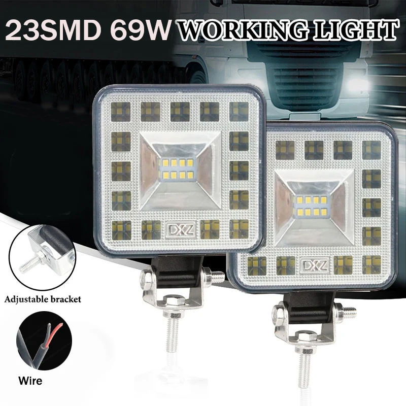 

1PC/2PCS 69W 23SMD Car Work Light Bar Motorcycle Auxiliary LED Headlights Universal For Offroad SUV ATV Tractor Boat Trucks